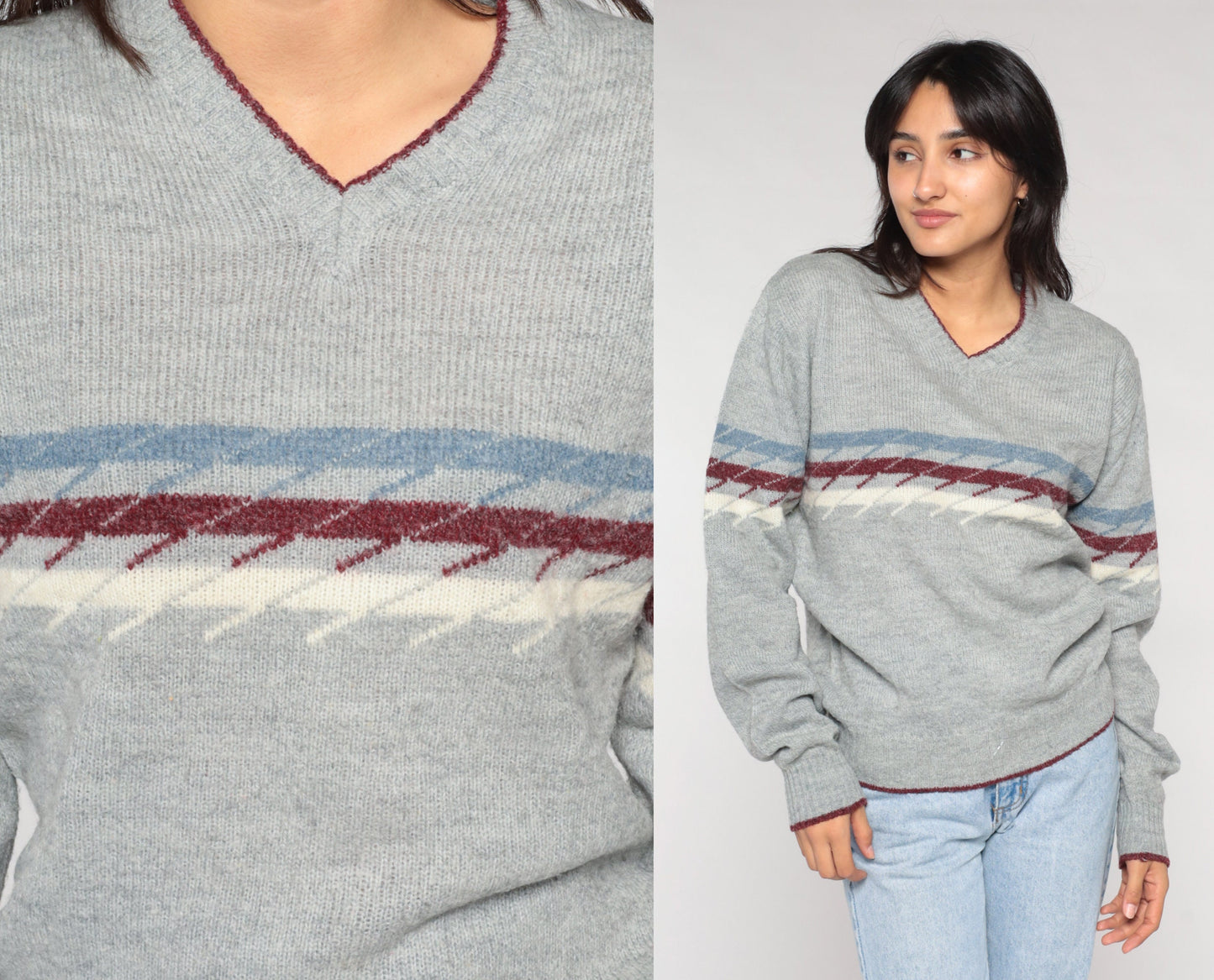 70s Saturdays In California V-Neck Striped Knit Sweater Grey Burgundy Medium