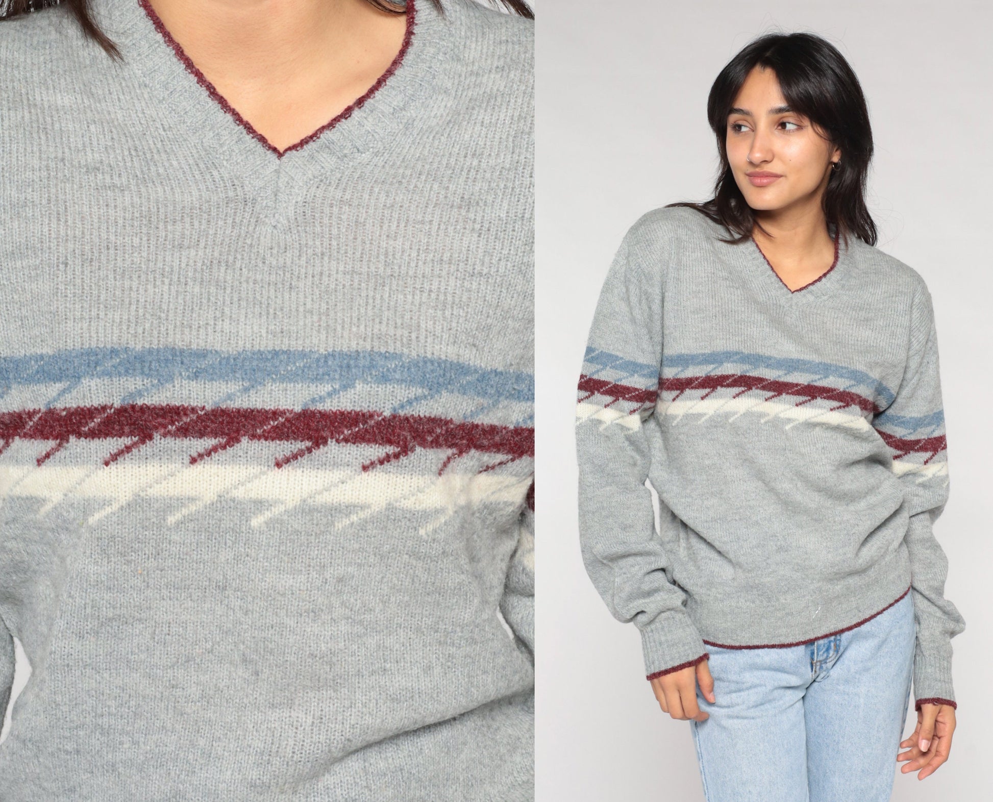 70s Saturdays In California V-Neck Striped Knit Sweater Grey Burgundy Medium