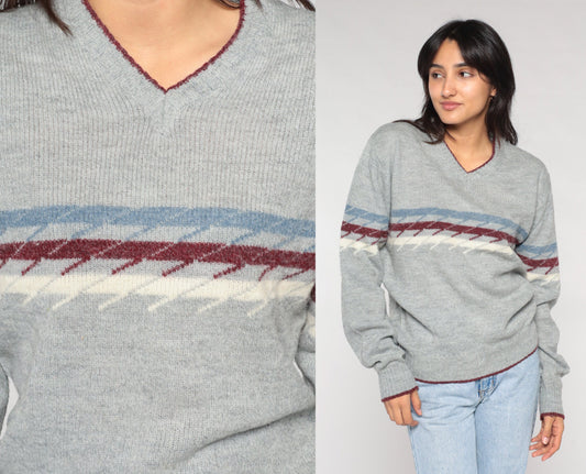 70s Saturdays In California V-Neck Striped Knit Sweater Grey Burgundy Medium