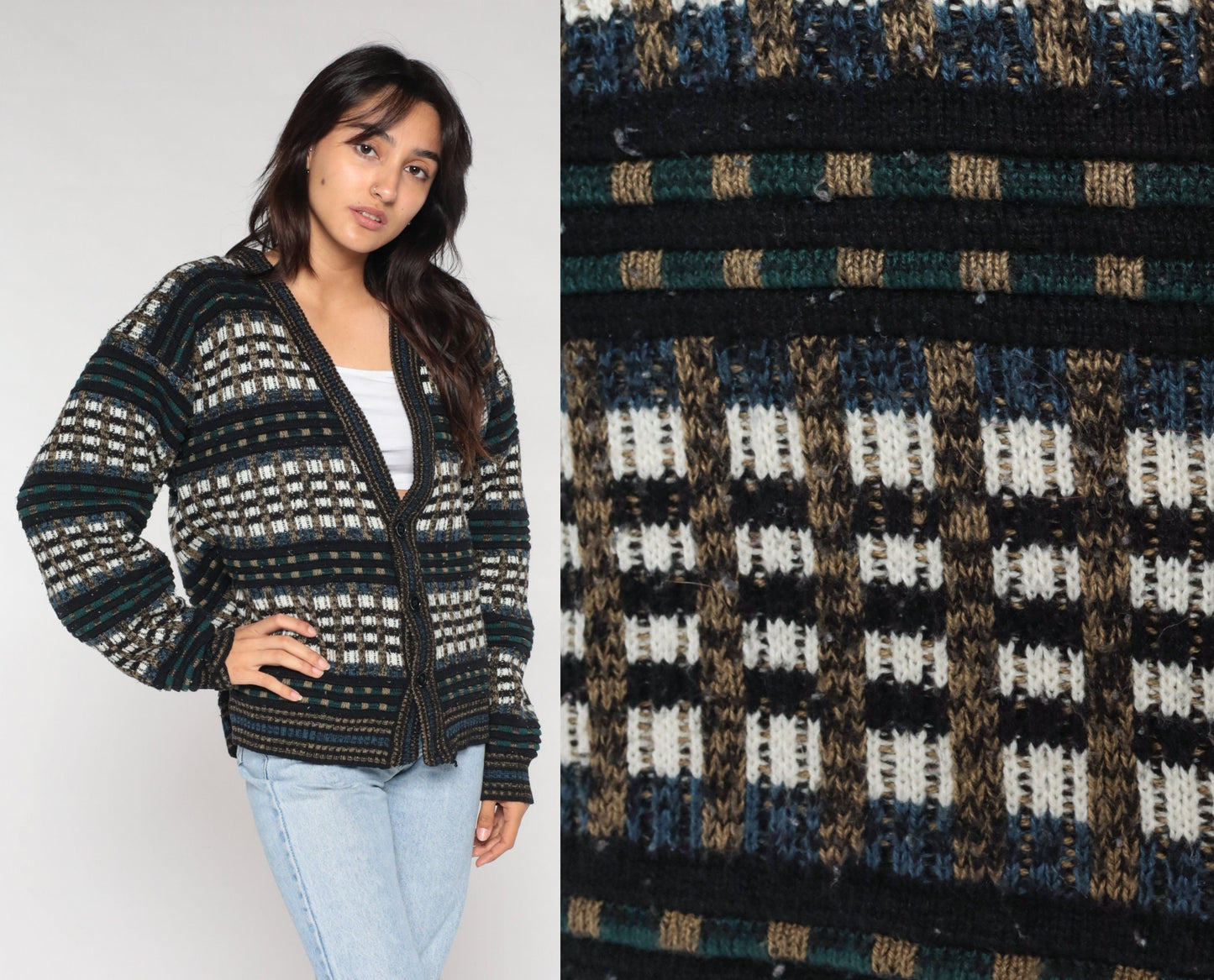 90s Checkered Cardigan Button-Up Knit Sweater Multicolor Large