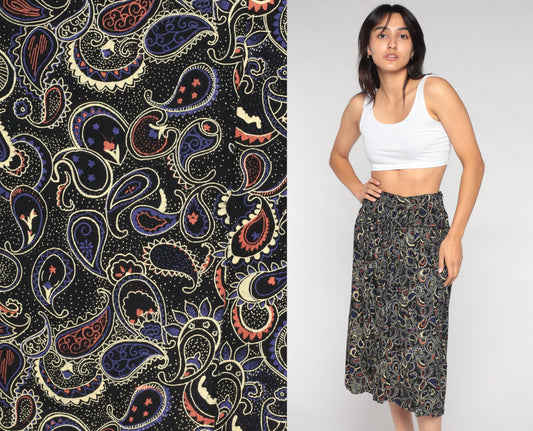 90s Black Paisley Midi Skirt High Waist Extra Small XS