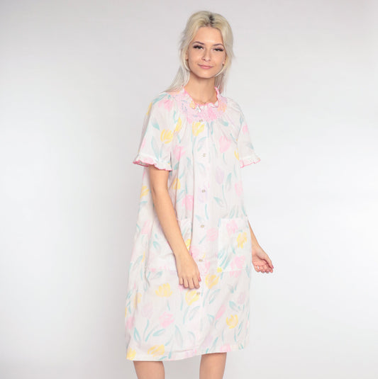 80s Floral Smocked Nightgown White Button-Up Lounge Dress Medium
