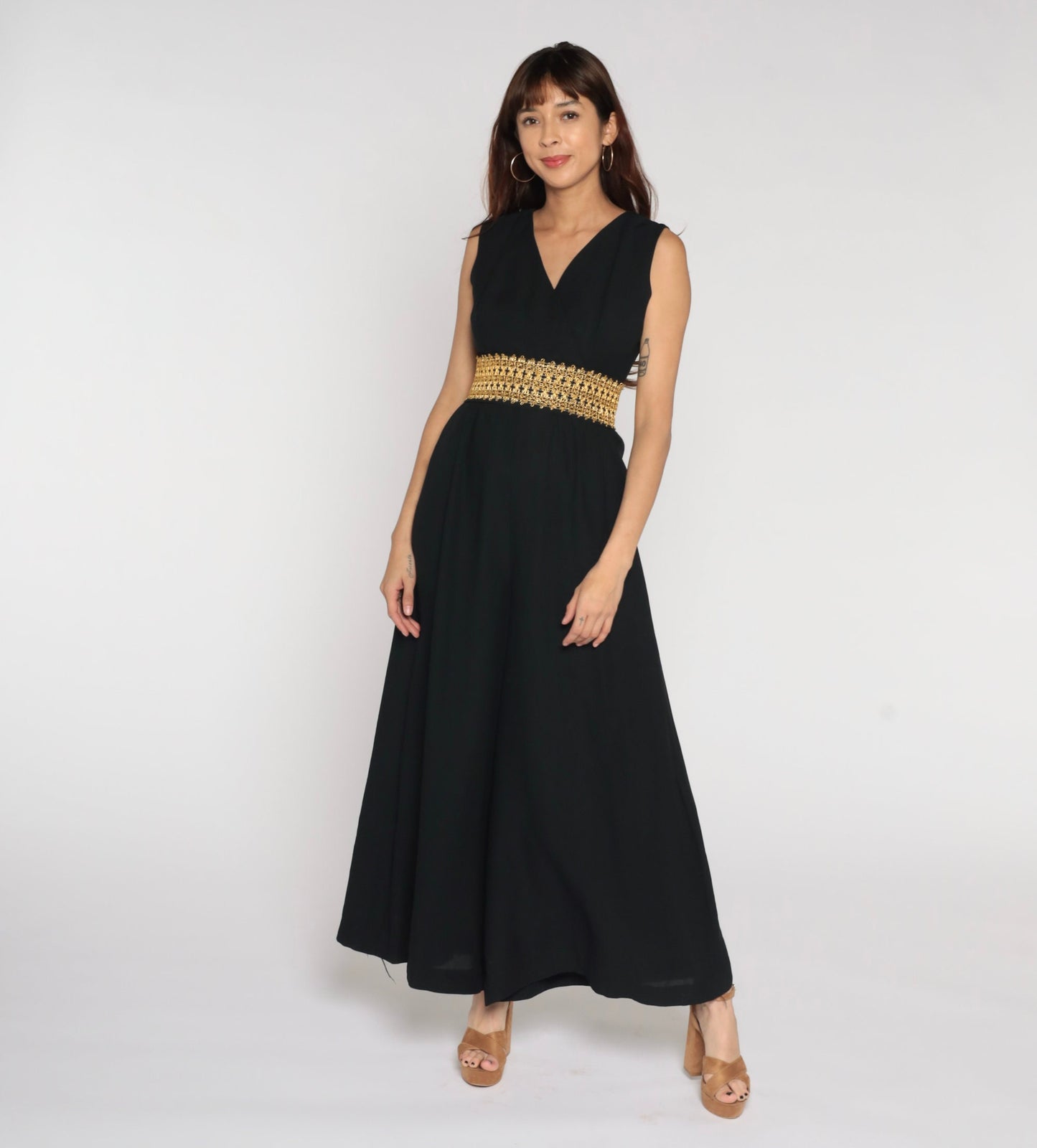 70s Black Jumpsuit Wide Leg Deep V Metallic Trim Sleeveless Small