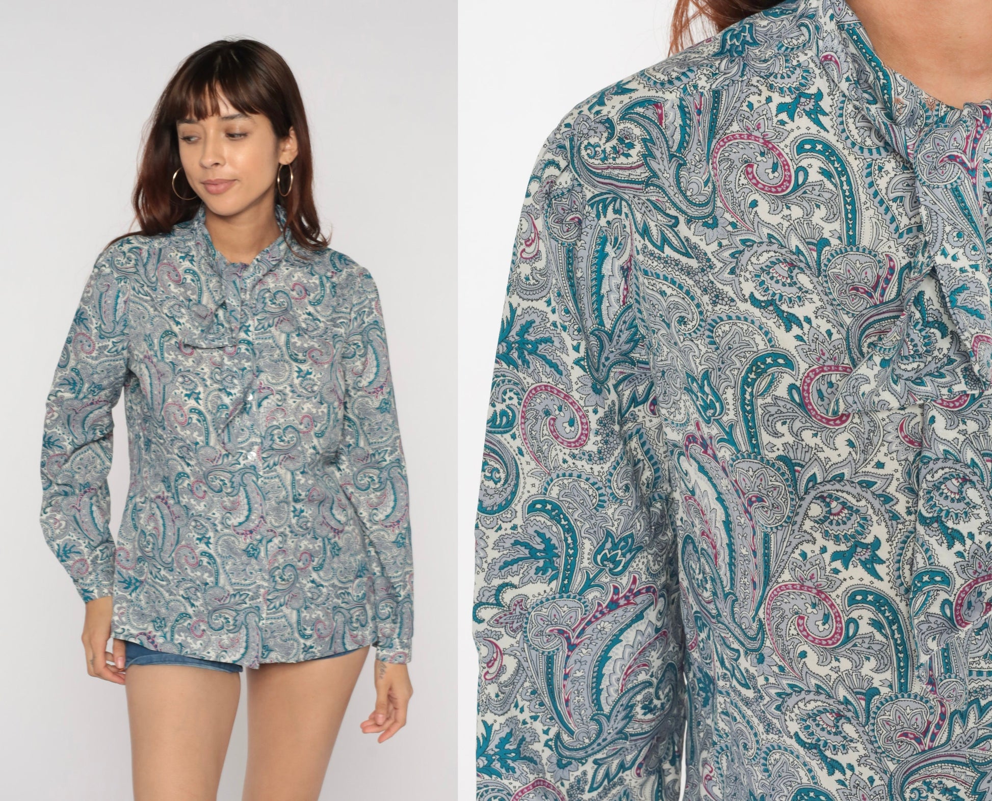 70s Paisley Ascot Blouse Teal Psychedelic Button-Up Puff Sleeve Medium