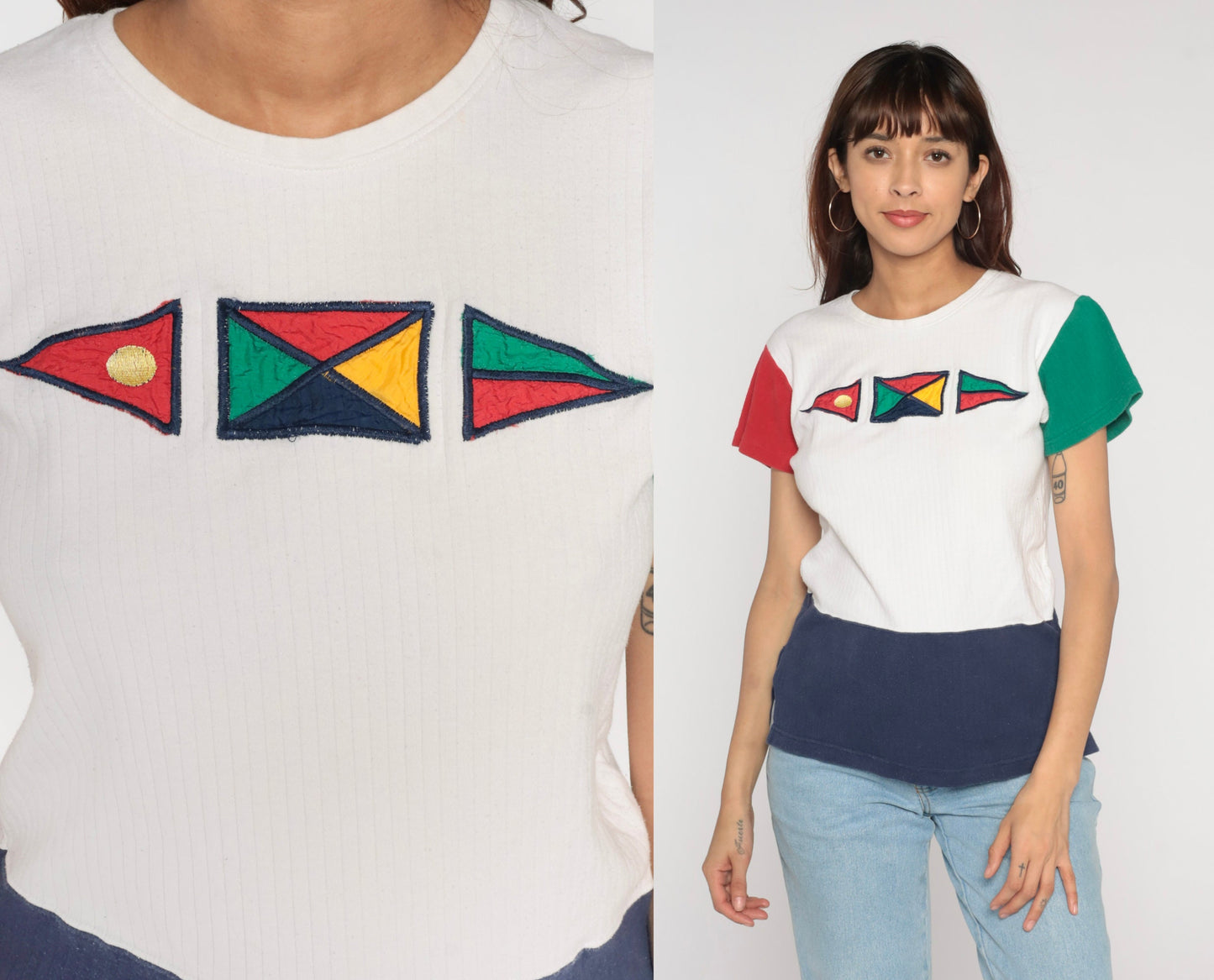 90s Nautical Flag Colour Block T-Shirt White Red Green Blue Sailing Tee Small