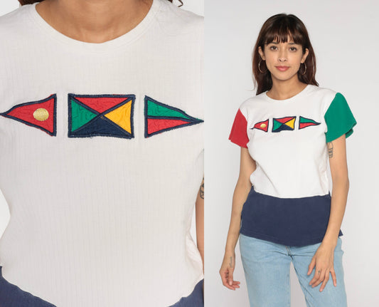 90s Nautical Flag Colour Block T-Shirt White Red Green Blue Sailing Tee Small