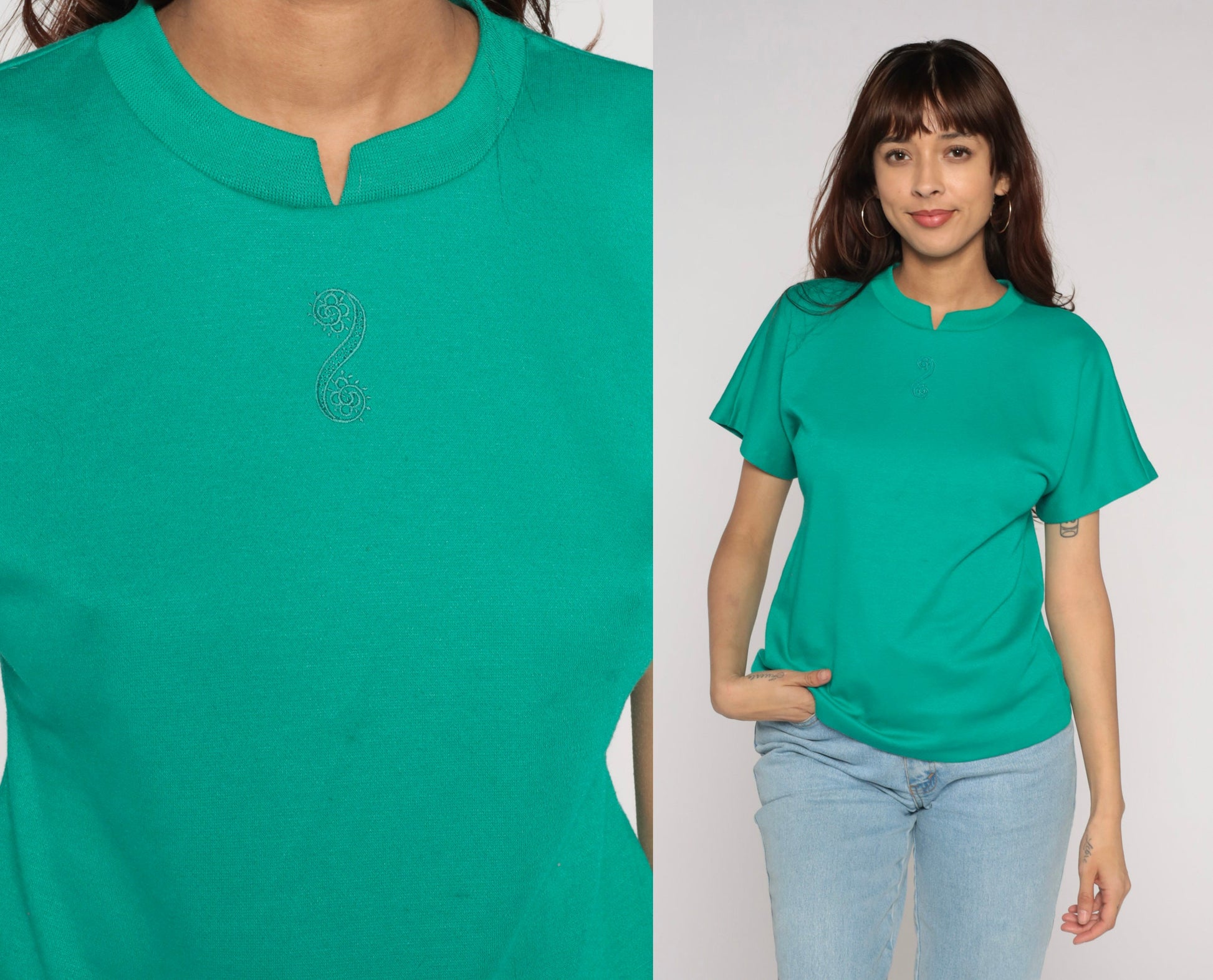 90s Green T-Shirt Embroidered Floral Swirl Chest Small