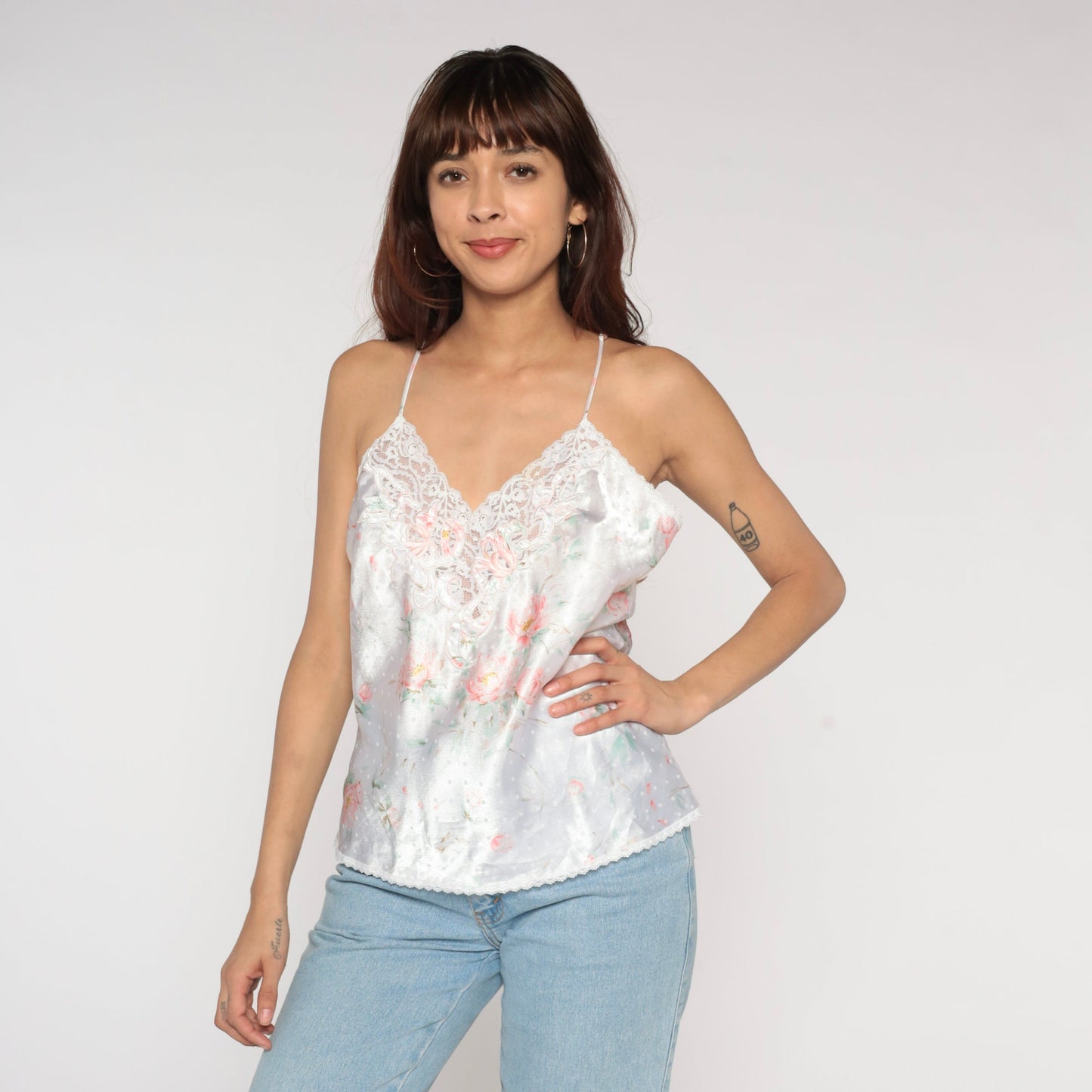 00s Floral Dot Camisole Lace Trim Tank Top White Large L