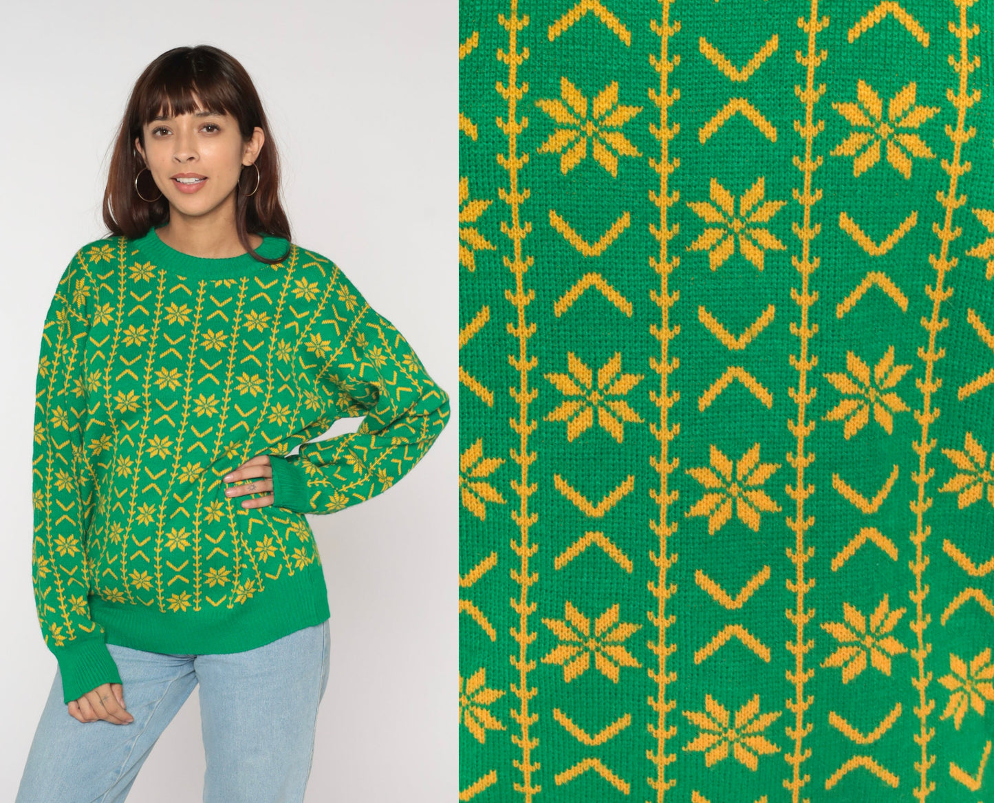 90s Green Fair Isle Snowflake Sweater Yellow Geometric Knit Crewneck Large L