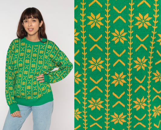 90s Green Fair Isle Snowflake Sweater Yellow Geometric Knit Crewneck Large L