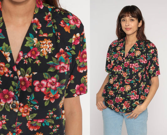 Y2K Black Floral Button-Up Blouse Short Sleeve Collared Shirt Medium M