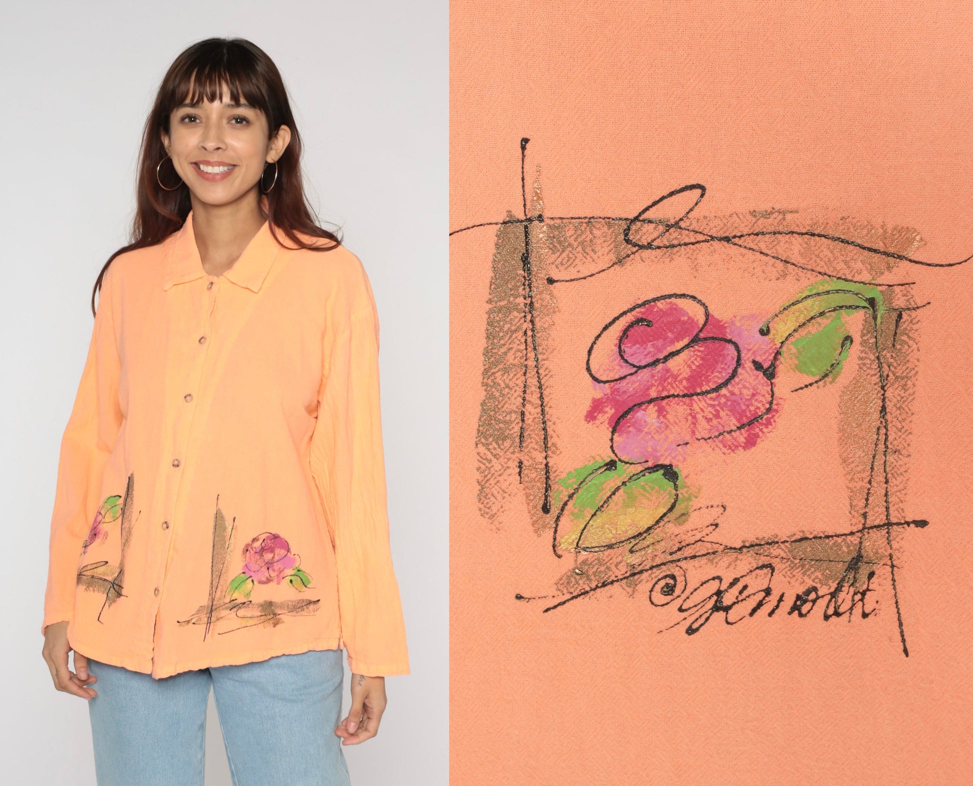 00s Rose Print Peach Floral Button-Up Blouse Cotton Long Sleeve Medium M
