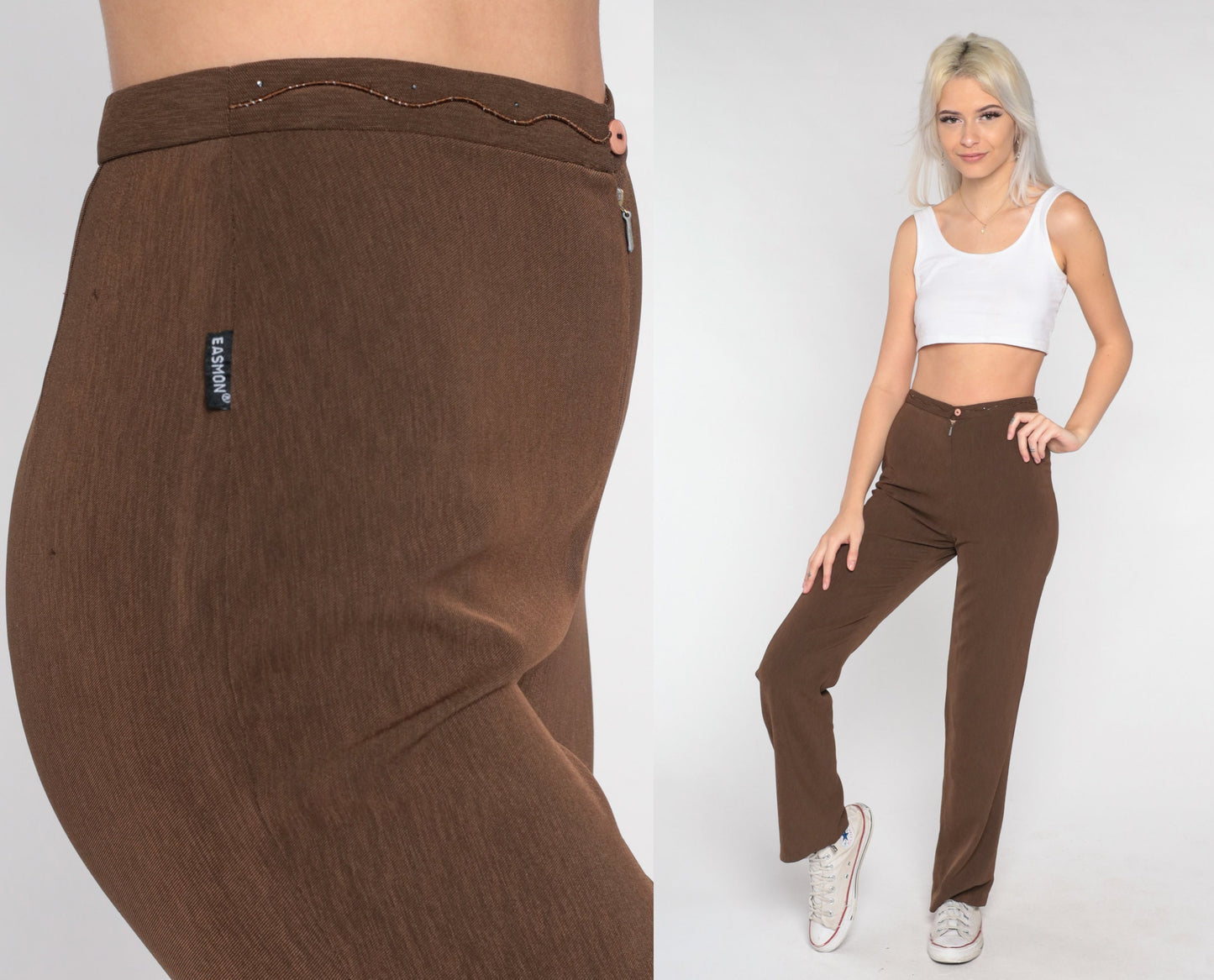 Y2K Brown High-Waisted Straight Leg Pants Sparkly Squiggle XS