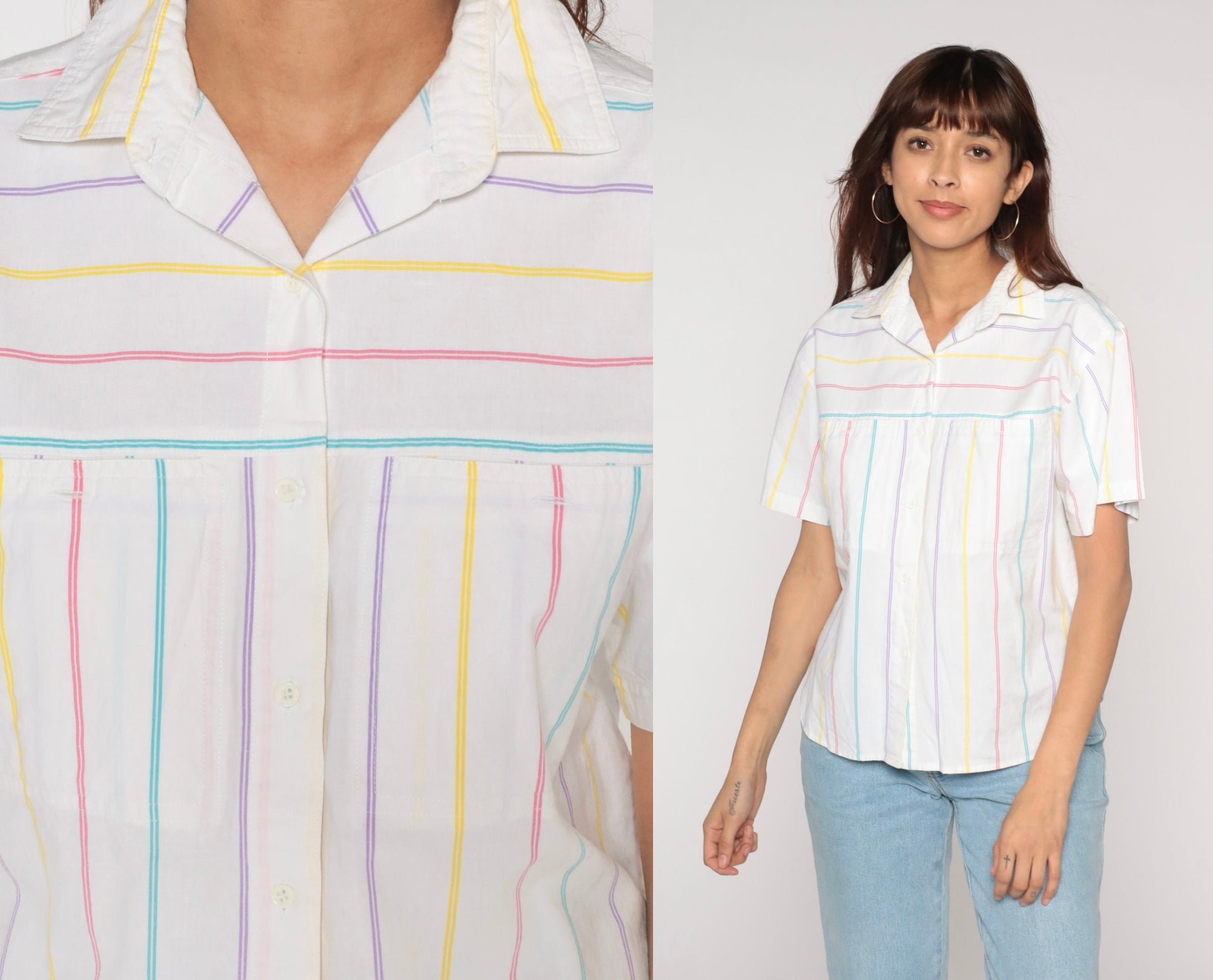 90s White Rainbow Striped Button-Up Blouse Short Sleeve Collared Cotton Medium