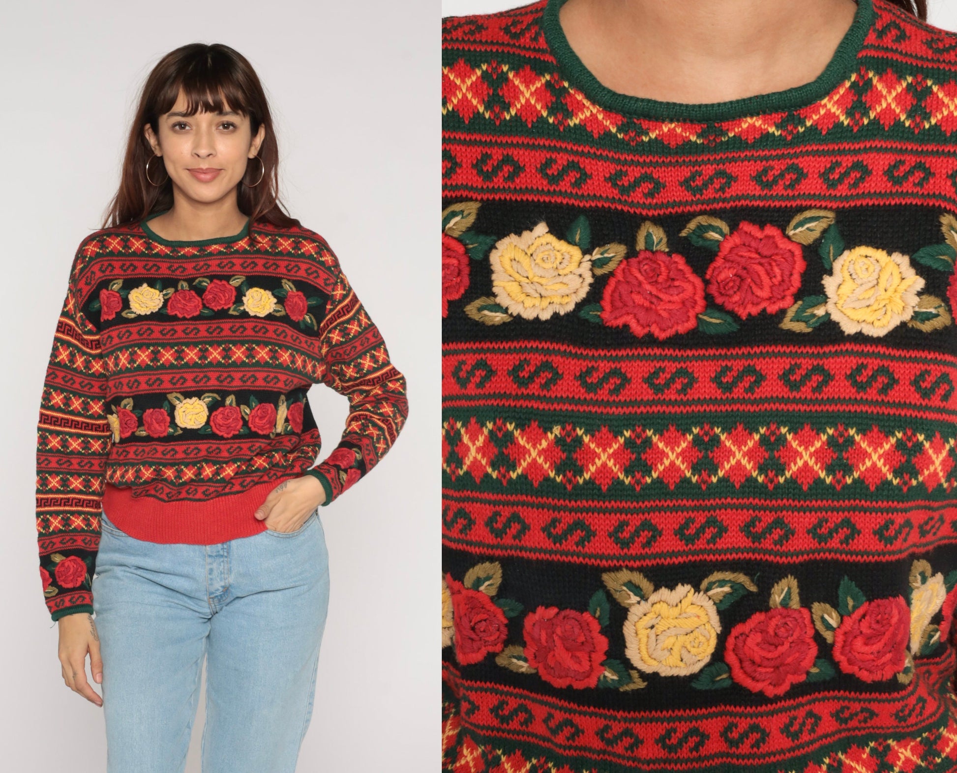90s Herman Geist Black Red Floral Embroidered Argyle Knit Sweater Large L