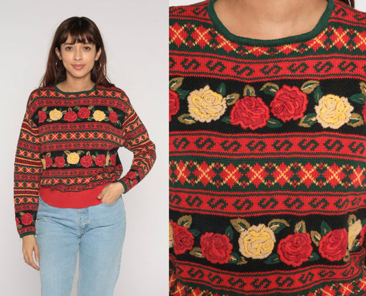 90s Herman Geist Black Red Floral Embroidered Argyle Knit Sweater Large L