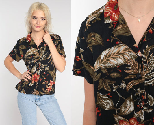 Y2K Black Floral Button-Up Blouse White Stag Short Sleeve Collared Top Small