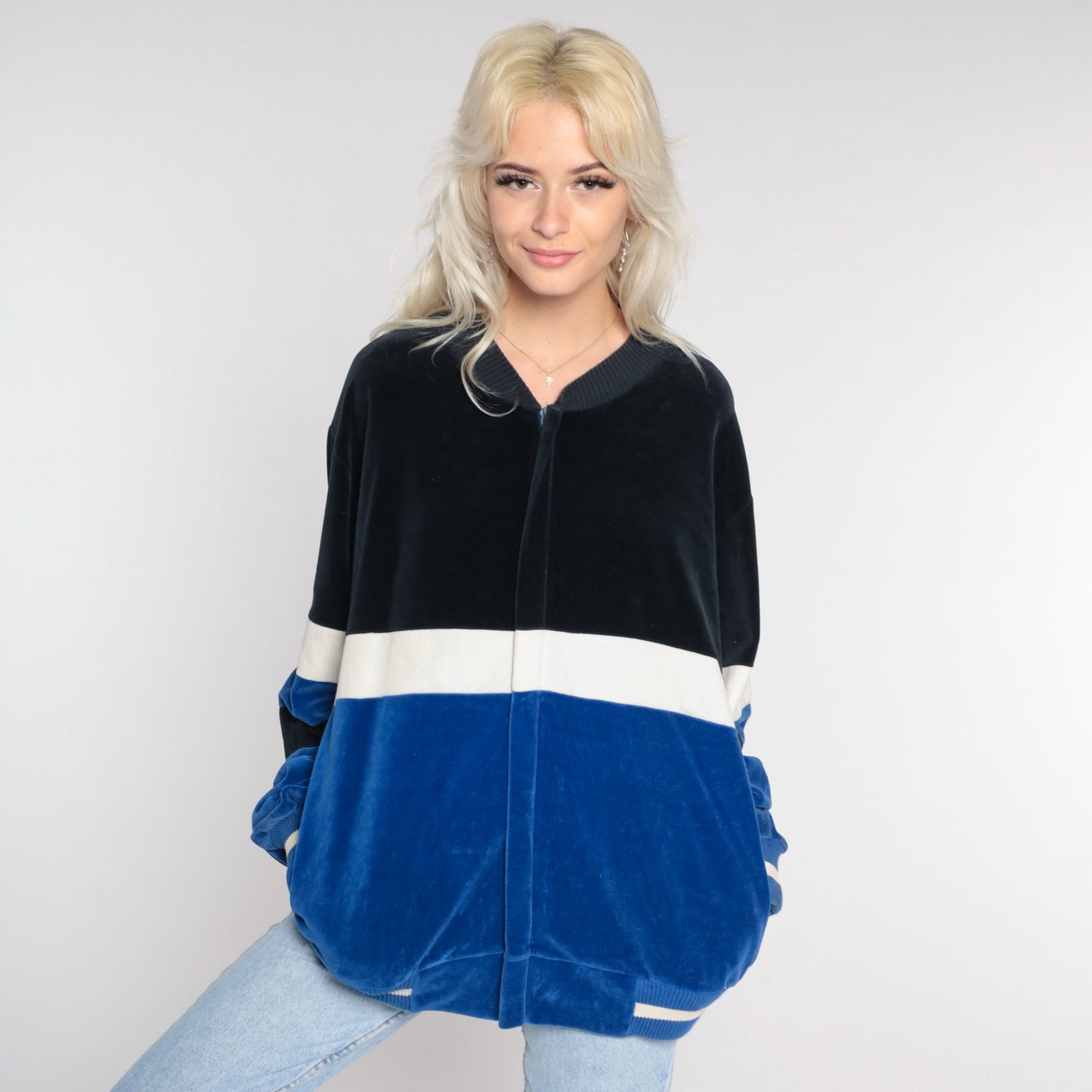 80s Velour Track Jacket Blue Black Color Block Zip Up Large
