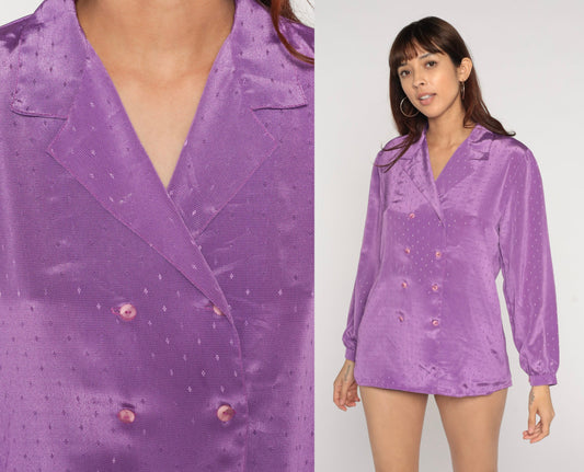 80s Purple Embossed Geometric Button-Up Blouse Long Sleeve Medium