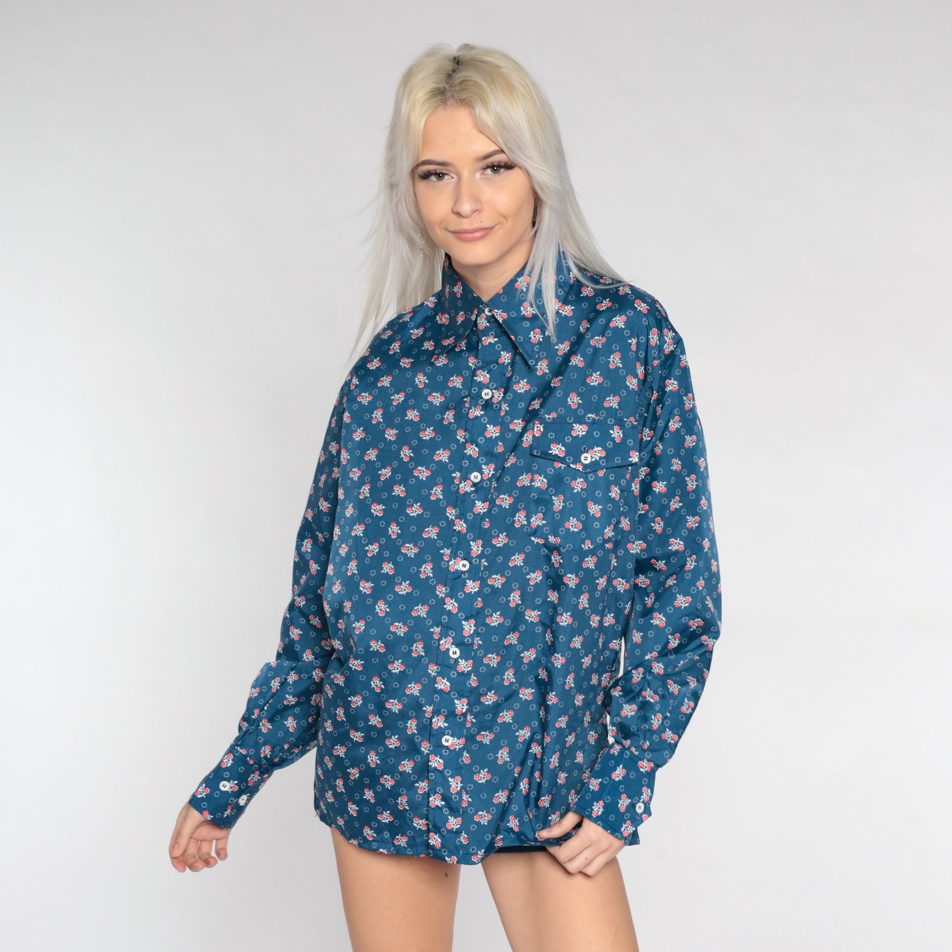 70s Skyr Floral Disco Shirt Blue Dagger Collar Button Up Medium