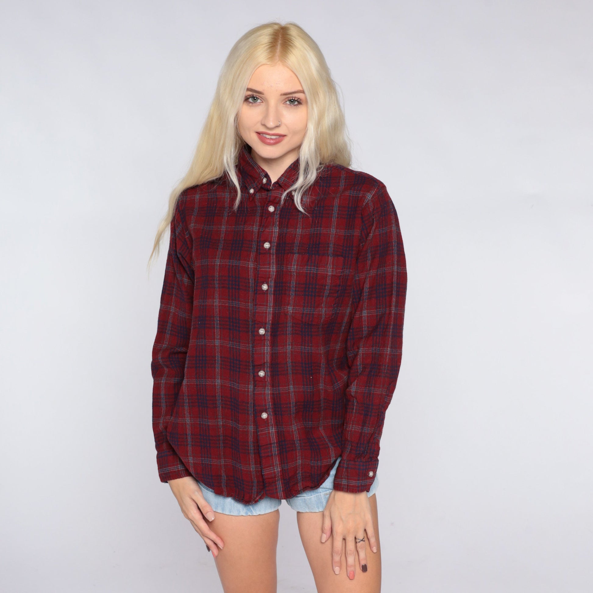 Y2K Red Plaid Flannel Button-Up Shirt Long Sleeve Small S