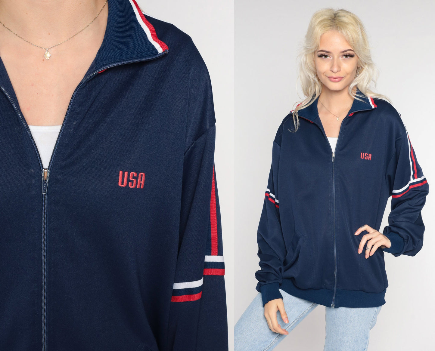 80s MacGregor Track Jacket Navy USA Striped Zip-Up Large
