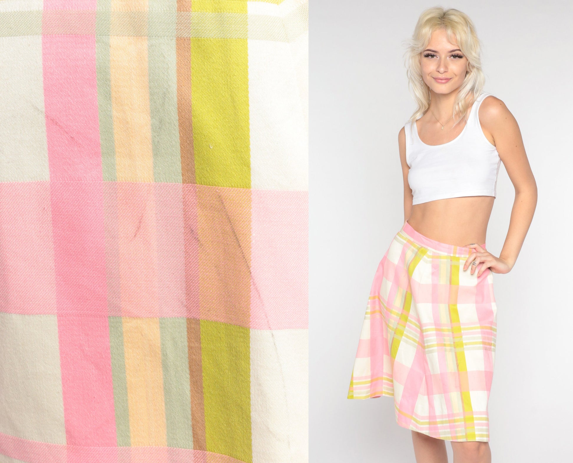 60s Pink White Checkered A-Line Skirt High Waisted Midi Small