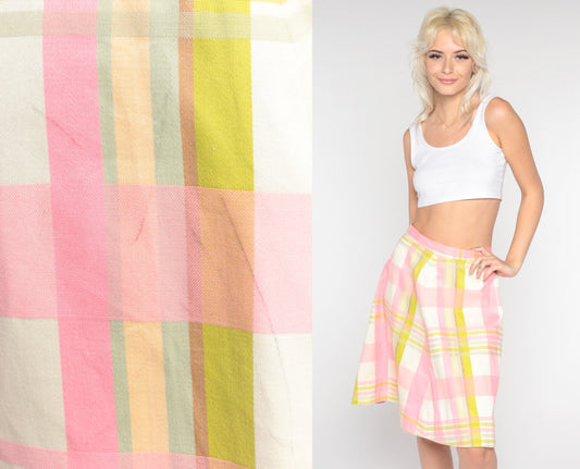 60s Pink White Checkered A-Line Skirt High Waisted Midi Small