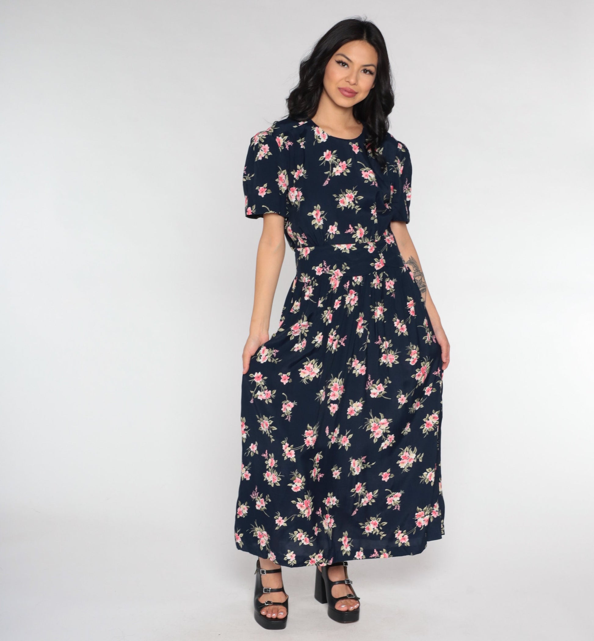 90s Navy Floral Maxi Dress Empire Waist Button Back Short Sleeve Small