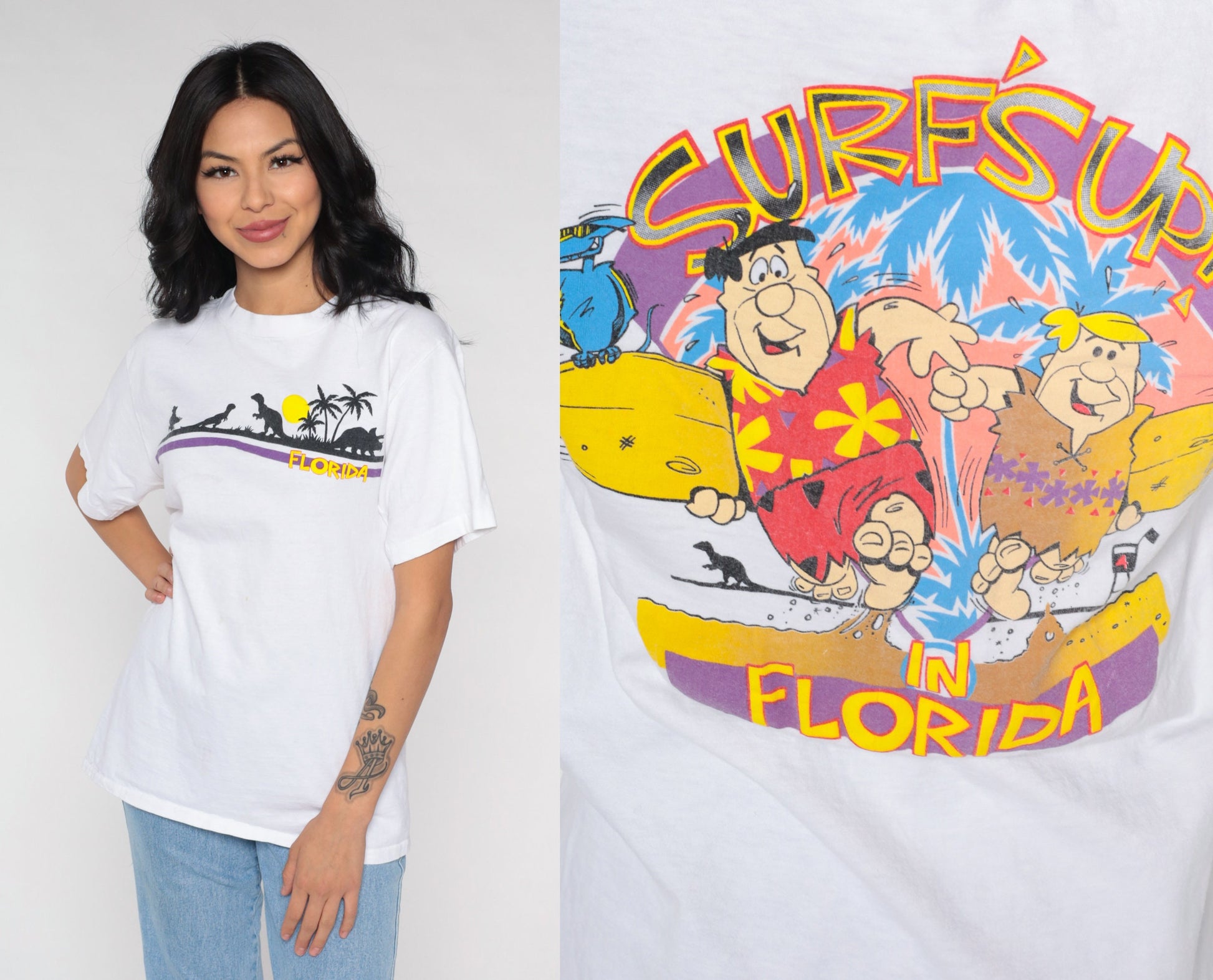 90s Flintstones Surf's Up Florida Graphic T-Shirt Small S