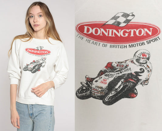 90s Donington Park Motorcycle Racing Sweatshirt White Graphic Crewneck Medium