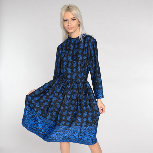 80s Black Blue Paisley Midi Dress Long Sleeve Mock Neck High Waisted Small