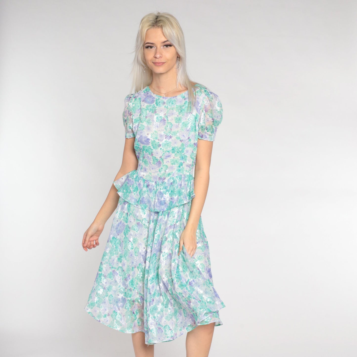 80s Floral Peplum Dress Puff Sleeve Knee-Length White Purple Green Small