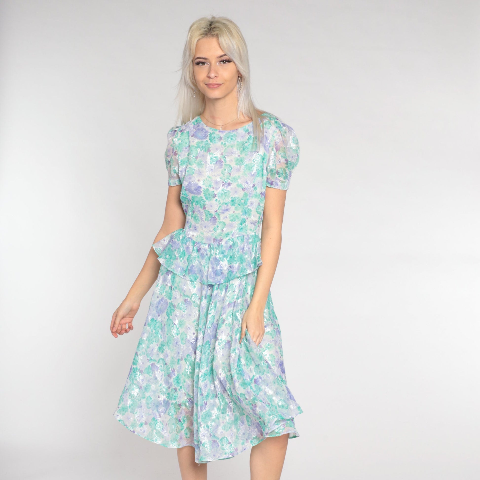 80s Floral Peplum Dress Puff Sleeve Knee-Length White Purple Green Small
