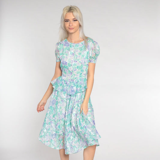 80s Floral Peplum Dress Puff Sleeve Knee-Length White Purple Green Small