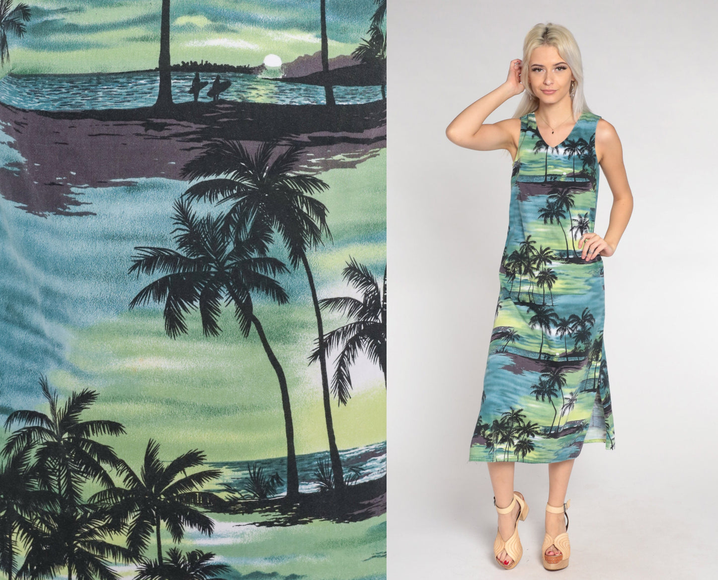 90s Tropical Palm Tree Midi Dress Blue Green Sleeveless Cotton Extra Small