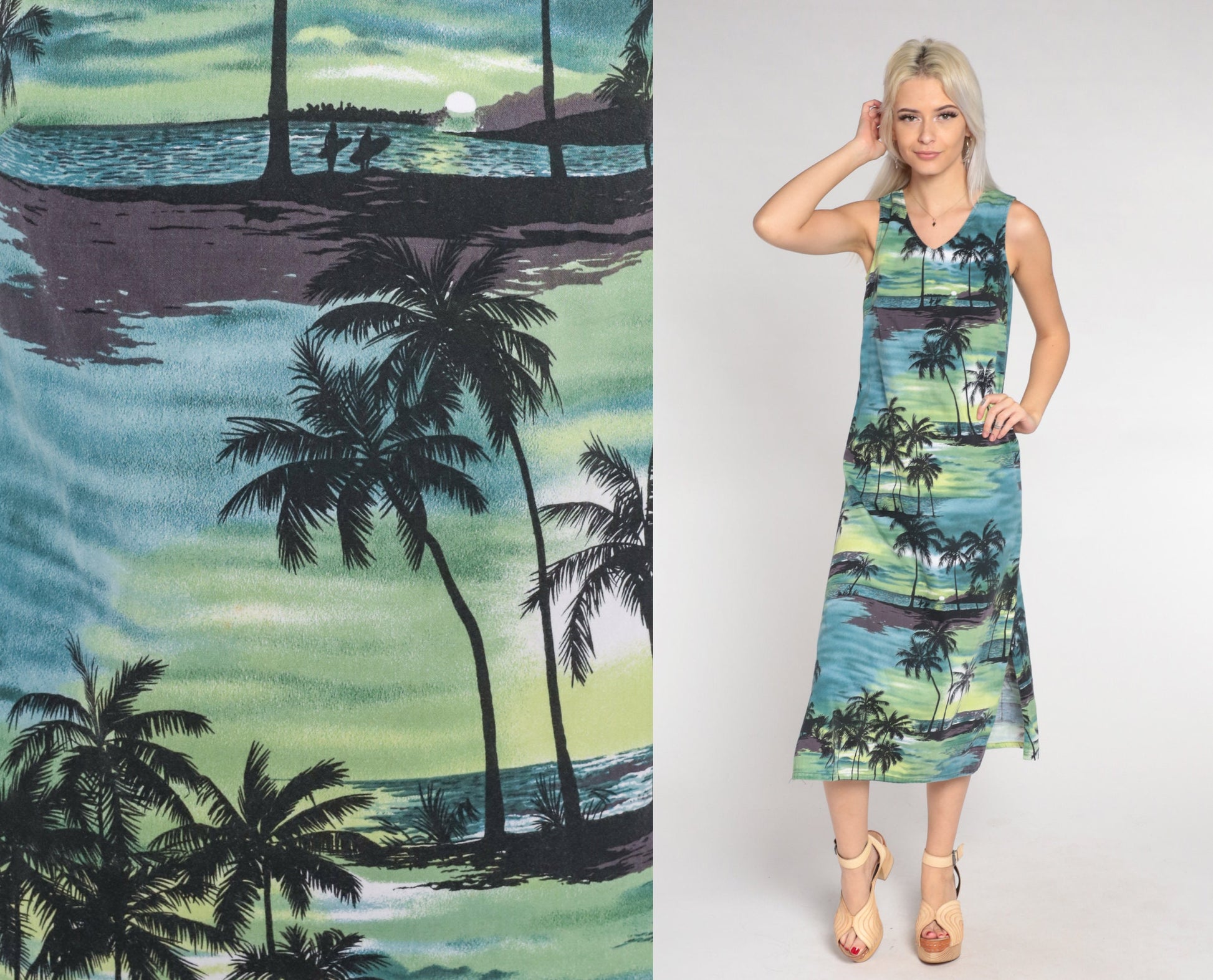 90s Tropical Palm Tree Midi Dress Blue Green Sleeveless Cotton Extra Small