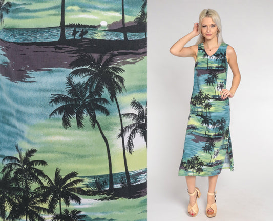 90s Tropical Palm Tree Midi Dress Blue Green Sleeveless Cotton Extra Small