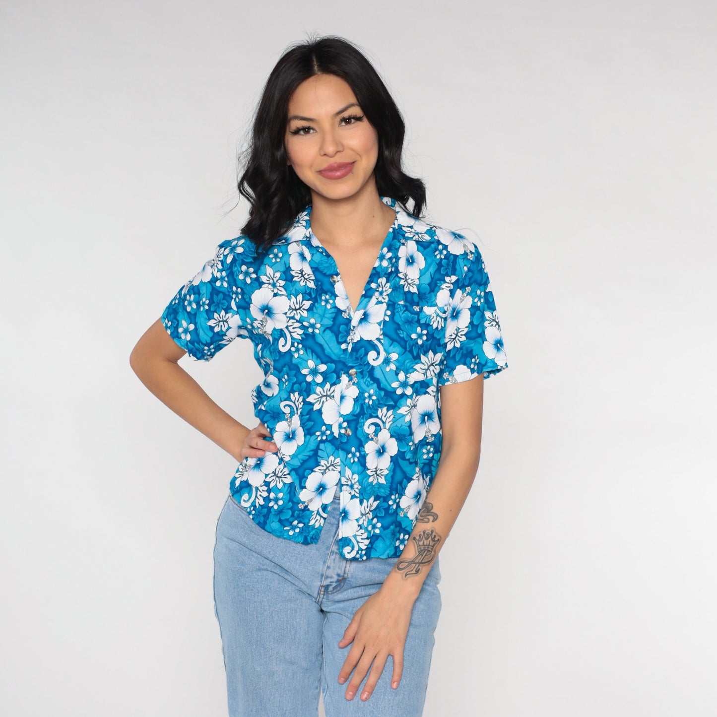 90s Blue Hawaiian Floral Button Up Blouse Short Sleeve Extra Small