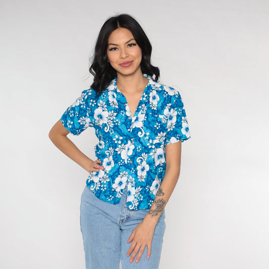 90s Blue Hawaiian Floral Button Up Blouse Short Sleeve Extra Small