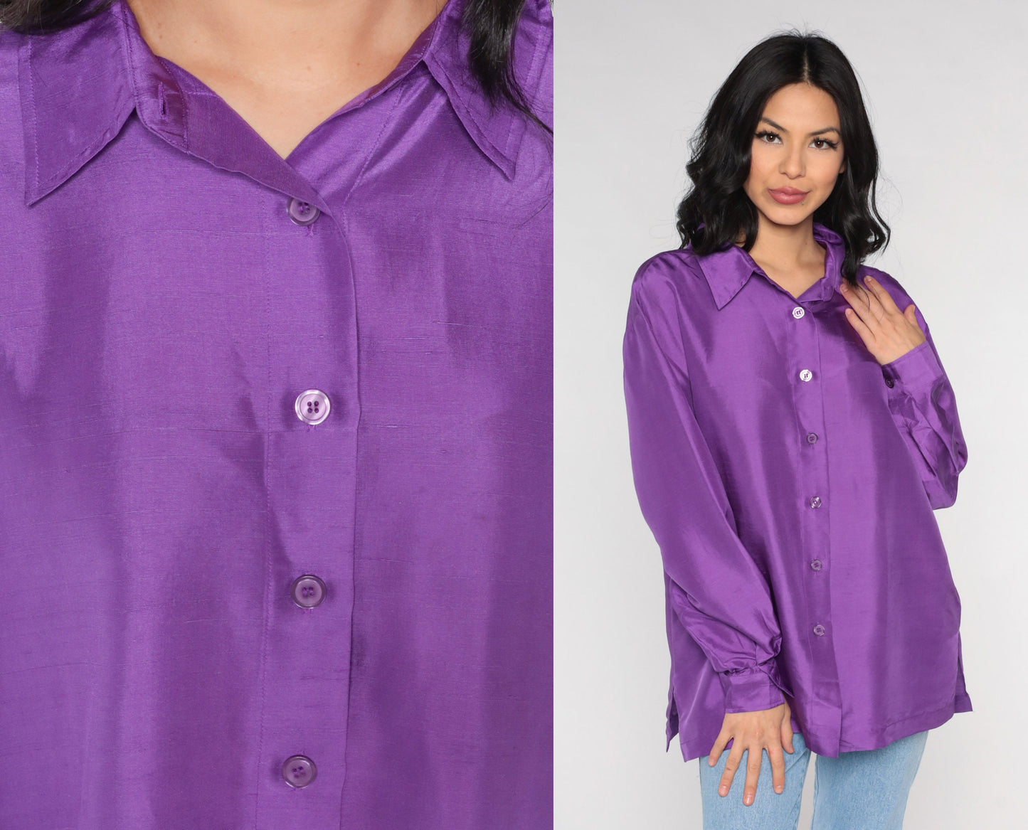 90s Purple Silk Button-Up Blouse Long Sleeve Collared Shirt Large L