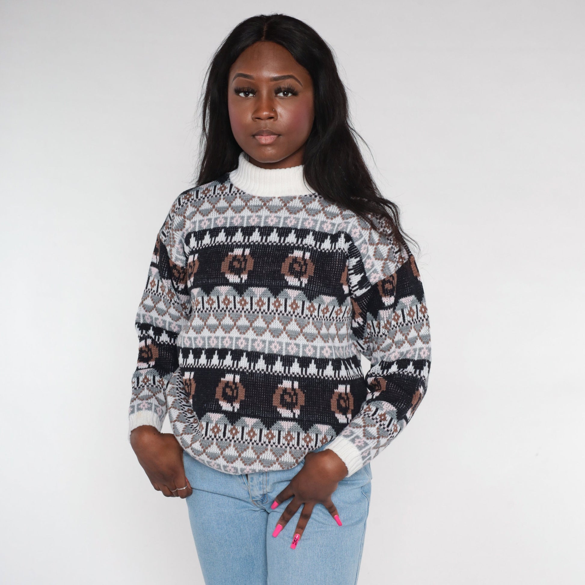 90s Geometric Fair Isle Knit Sweater Mock Neck Pullover Black White Grey Brown Medium