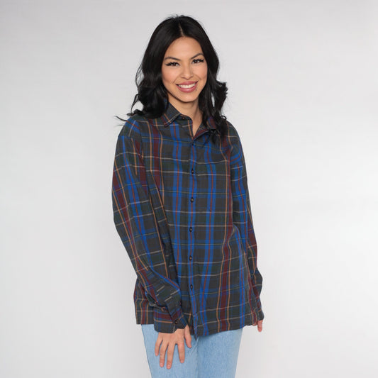 90s Grey Blue Plaid Button-Up Shirt Long Sleeve Mens Large L