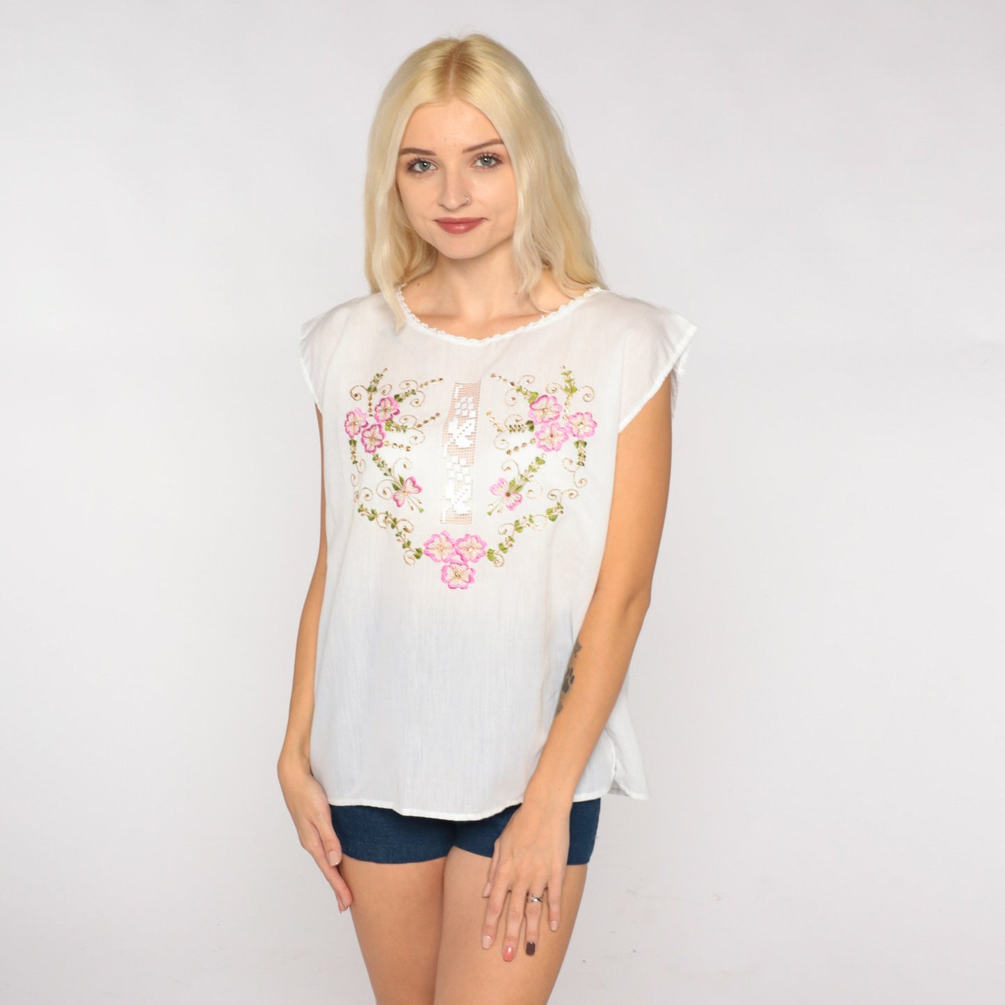 90s Bali Embroidered Tank Top White Metallic Floral Cutwork Cap Sleeve Medium