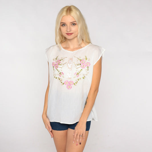 90s Bali Embroidered Tank Top White Metallic Floral Cutwork Cap Sleeve Medium