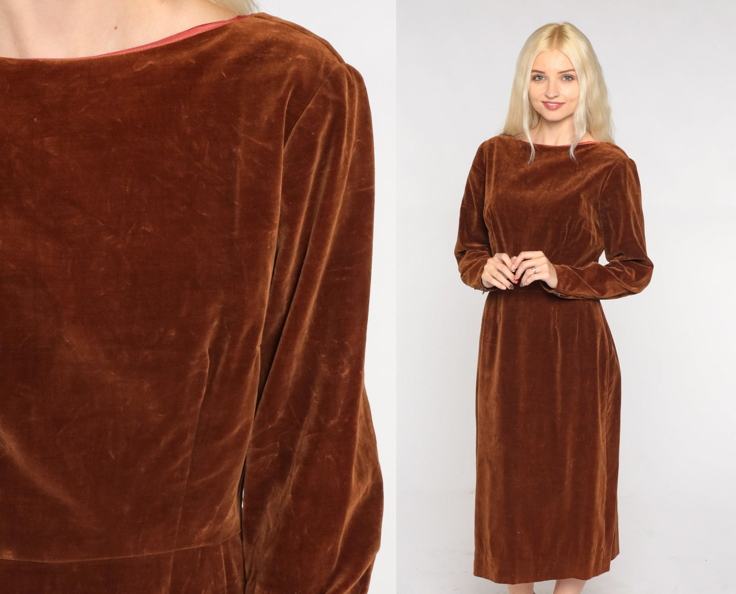 60s Brown Velvet Midi Dress Long Sleeve High Waist Low Back Small