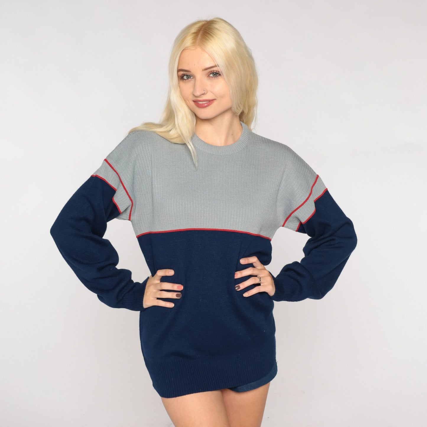 80s Ossi Skiwear Colour Block Wool Blend Sweater Grey Navy Medium