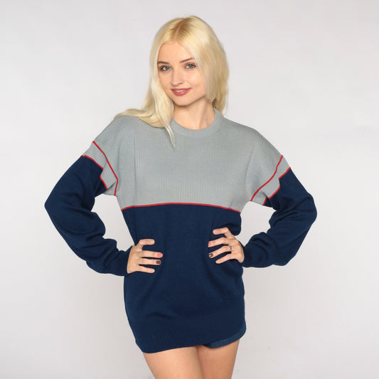 80s Ossi Skiwear Colour Block Wool Blend Sweater Grey Navy Medium