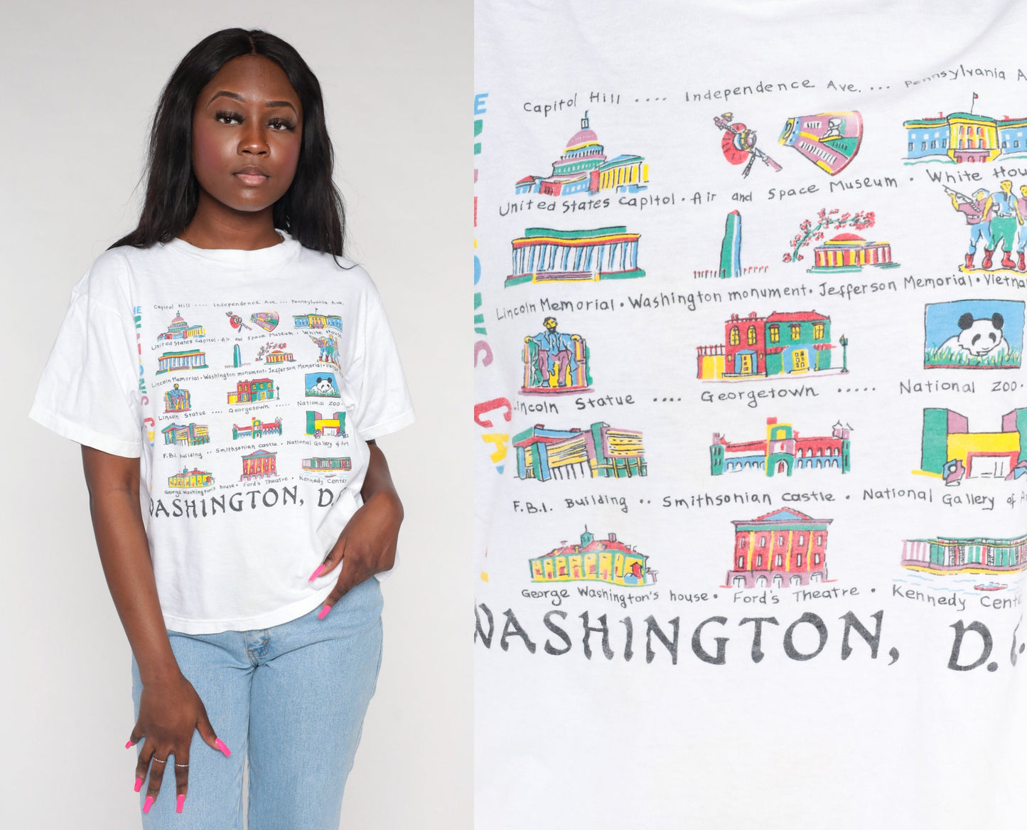 90s Washington DC Landmarks Graphic T-Shirt White Cotton Tee Medium M