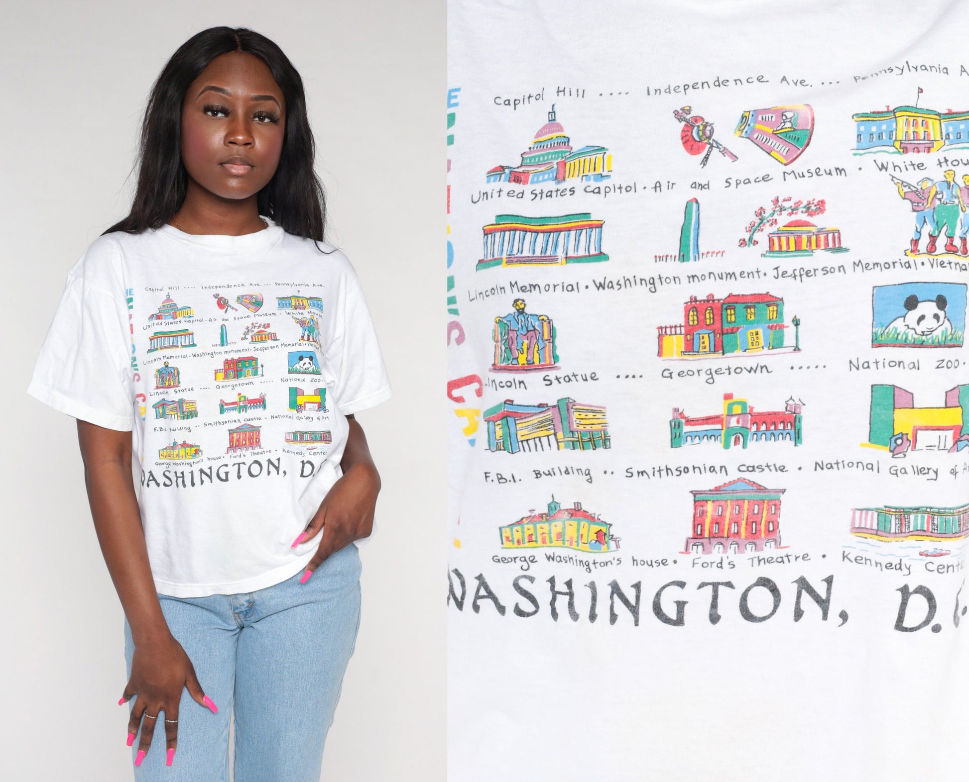 90s Washington DC Landmarks Graphic T-Shirt White Cotton Tee Medium M